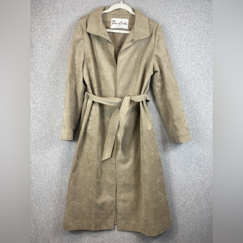 Vtg faux suede trench overcoat M soft tan classic minimalist career chic